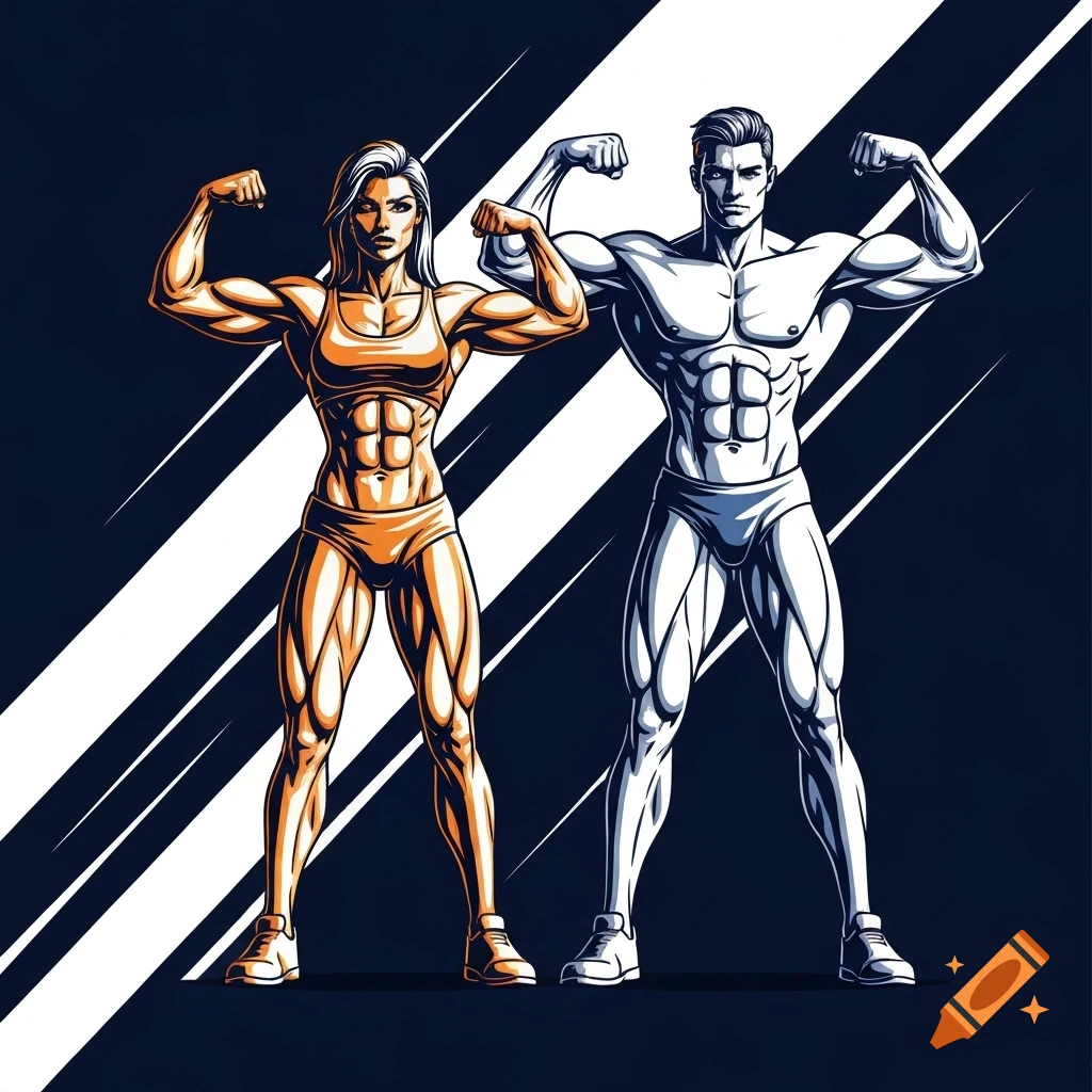 A muscular man and woman, in graphic illustration style, flex their biceps against a dark background with white diagonal lines.