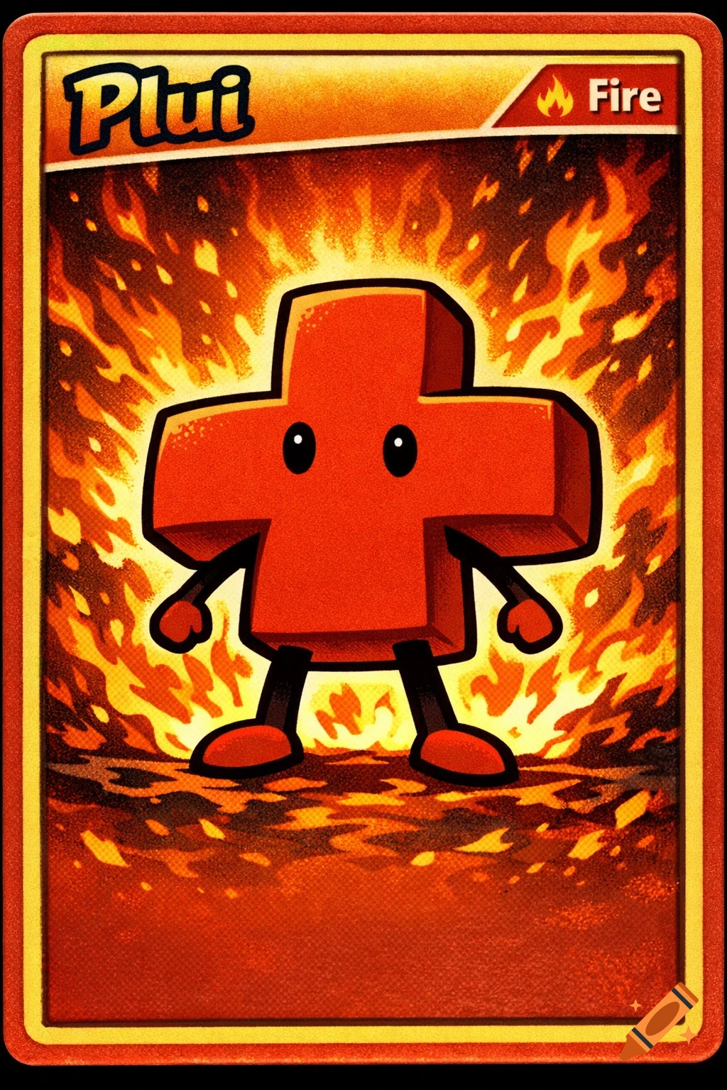 Cartoon trading card featuring a red plus sign character with stick limbs and eyes, surrounded by flames. The card is titled "Plui" and is of "Fire" type.