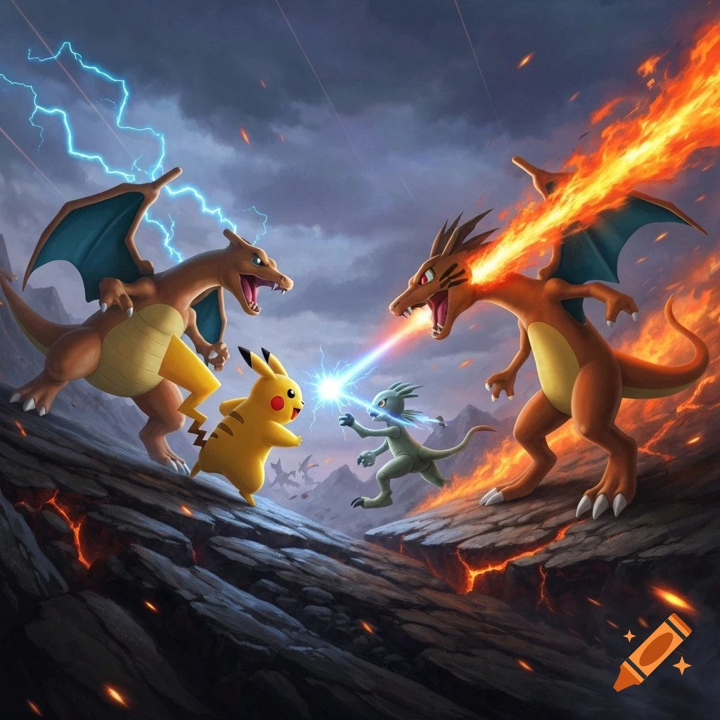 Pikachu, two Charizards, and a green reptilian creature battle on a rocky, fiery landscape with lightning and fire.