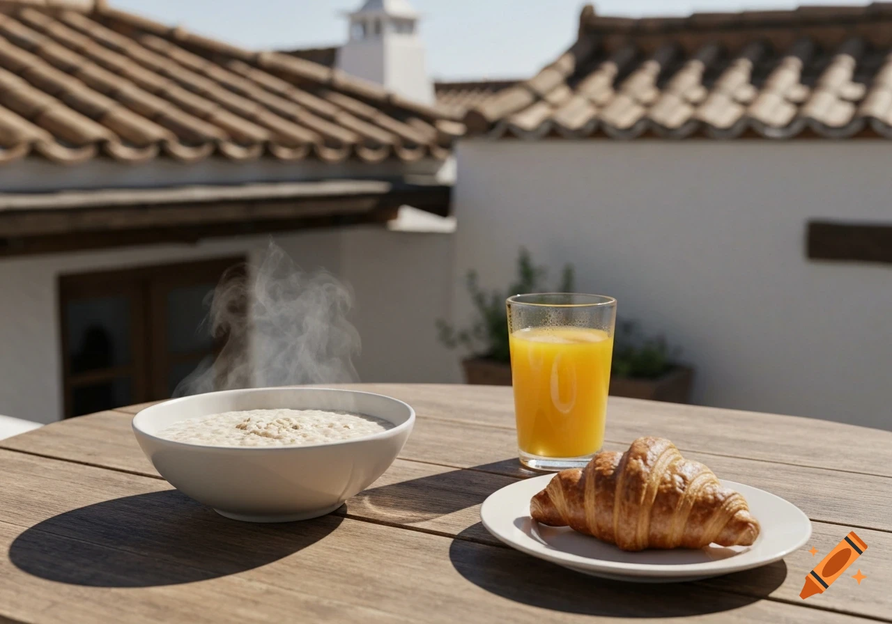 Steaming oatmeal, orange juice, and a croissant on a wooden table outdoors with tiled roofs in a sunny background.