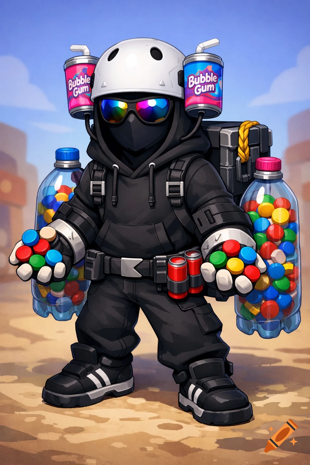 Vibrant cartoon character in black with a white helmet, reflective sunglasses, carrying colorful candy bottles and 'Bubble Gum' cans.
