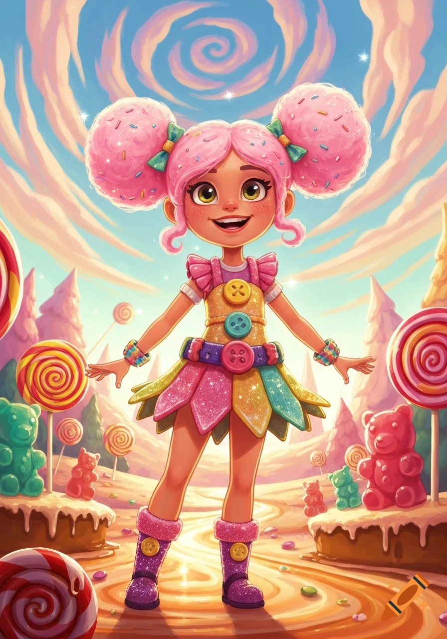 A vibrant cartoon girl with pink cotton candy hair and sparkling candy clothes in a whimsical candy land with lollipops and gummy bears.