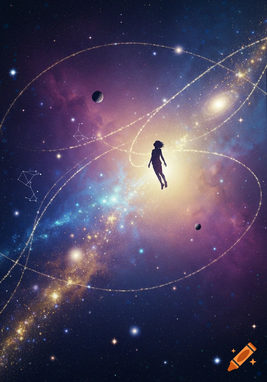 A dark silhouette of a person floats in a vibrant purple and blue galaxy with sparkling stars, planets, and glowing trails.