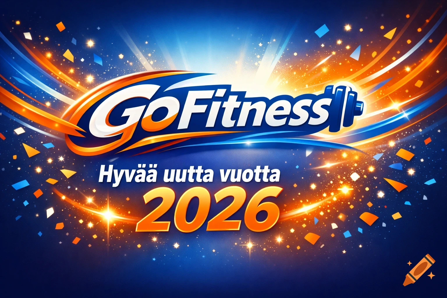 A vibrant blue and orange GoFitness logo banner with a dumbbell icon, 'Hyvää uutta vuotta 2026' text, confetti, and sparkling lights.