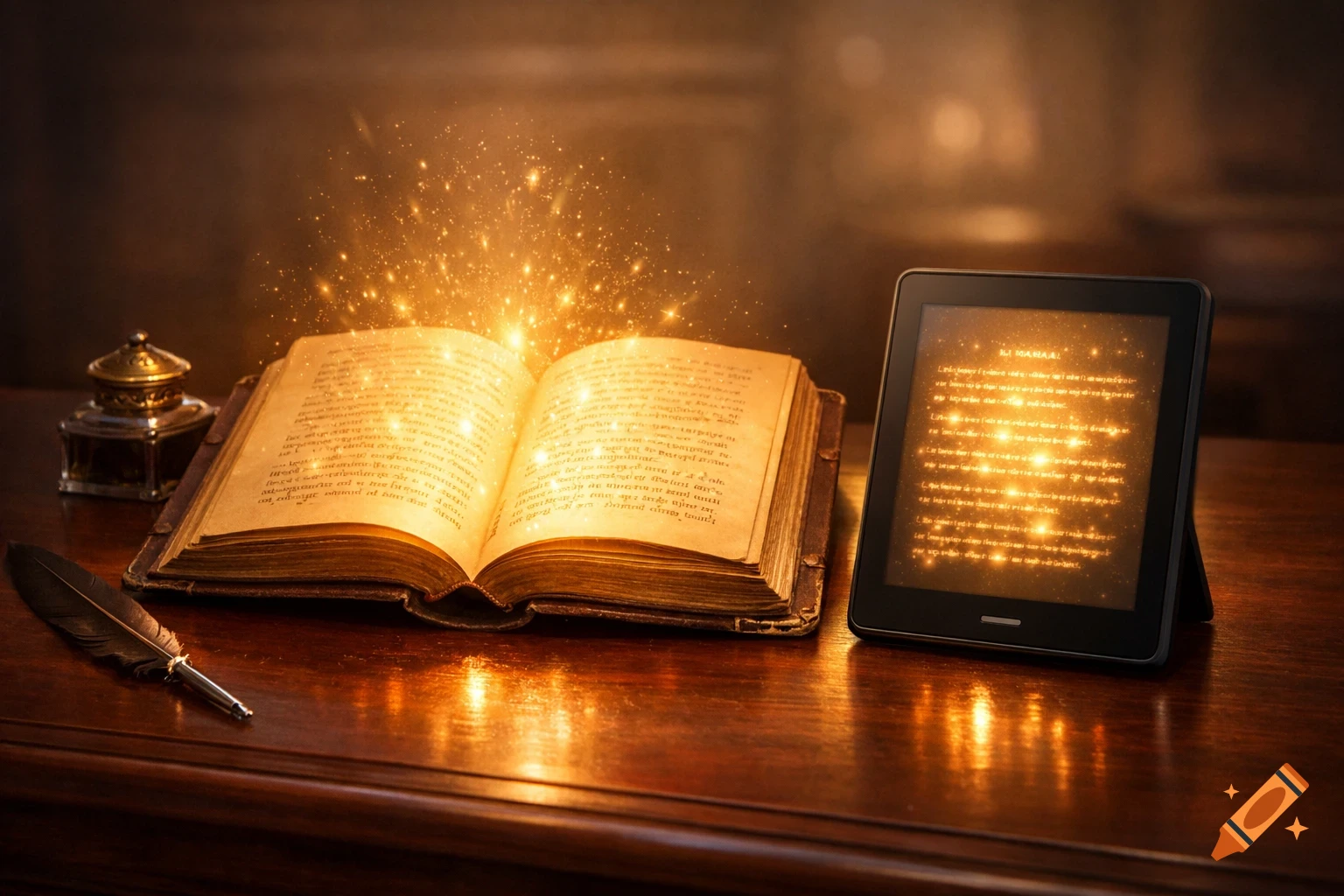 Old open book glowing with magic next to an e-reader displaying light and a quill on a polished wooden desk.