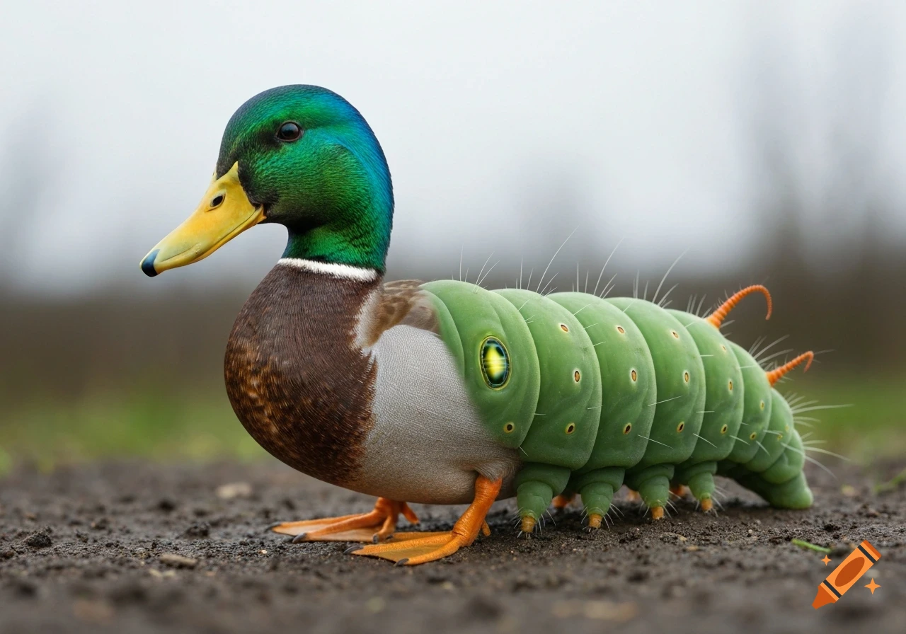 A photorealistic hybrid creature, half mallard duck, half green caterpillar, stands on a dirt path.