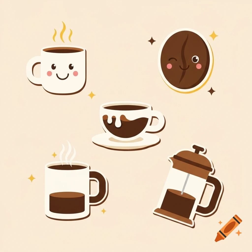 Cartoon coffee icons including a happy mug, a winking coffee bean, a French press, and other coffee cups on a beige background.
