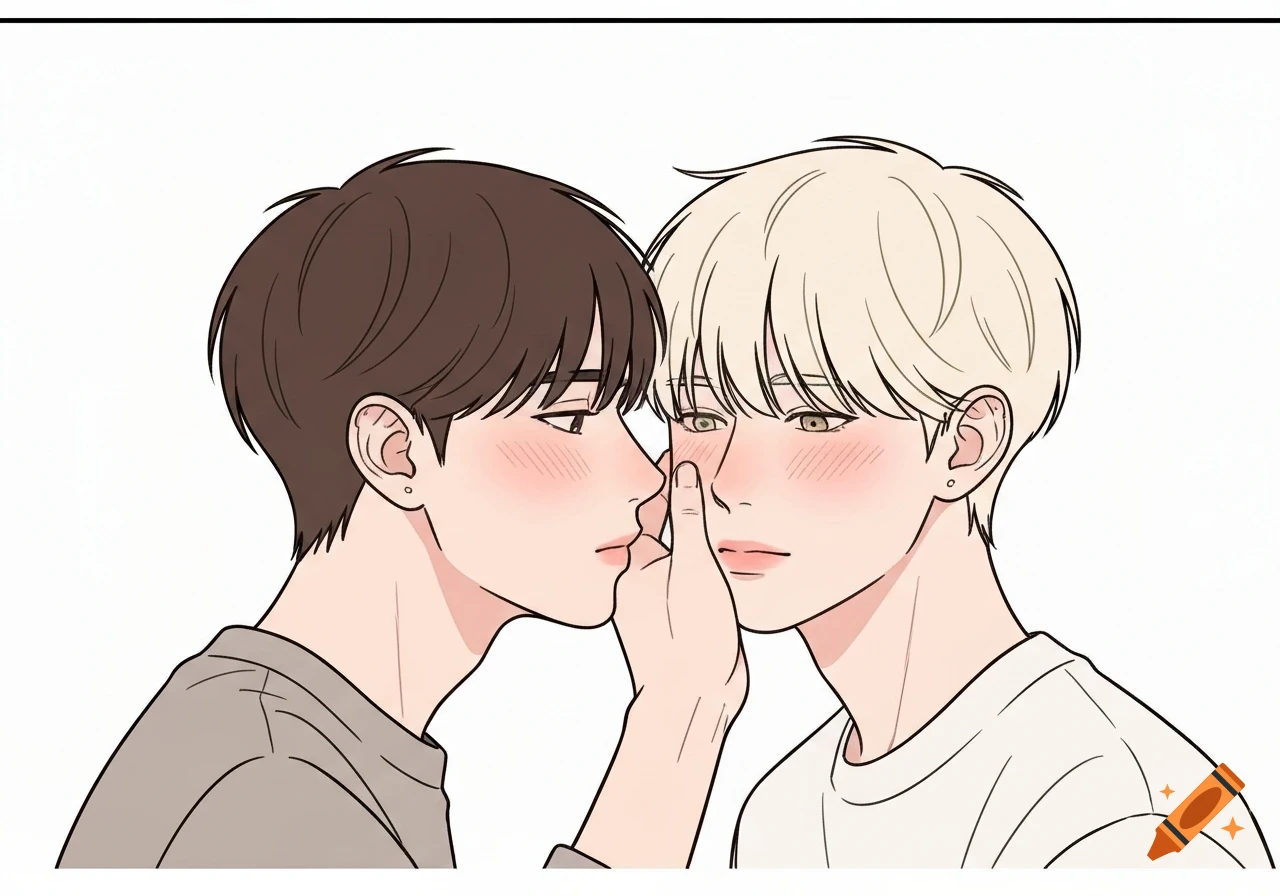 A brown-haired cartoon man leans in to gently touch the blushing cheek of a blonde man in a simple drawing style.