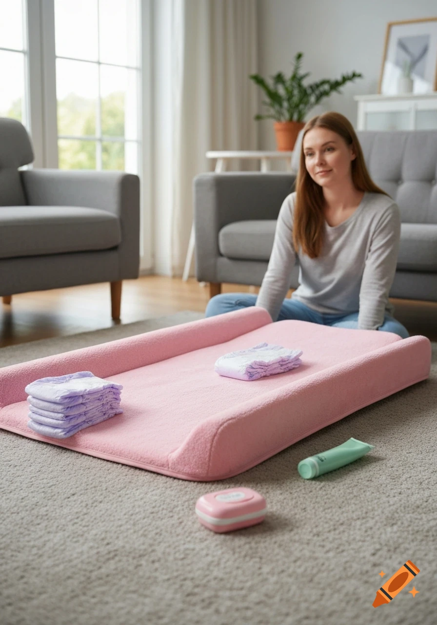 A woman sits on the floor in a living room next to a pink changing mat with stacks of purple diapers and baby wipes.