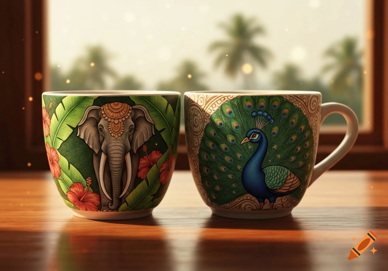 Two decorative coffee cups featuring an elephant with tropical leaves and a peacock with fanned feathers, on a wooden table.