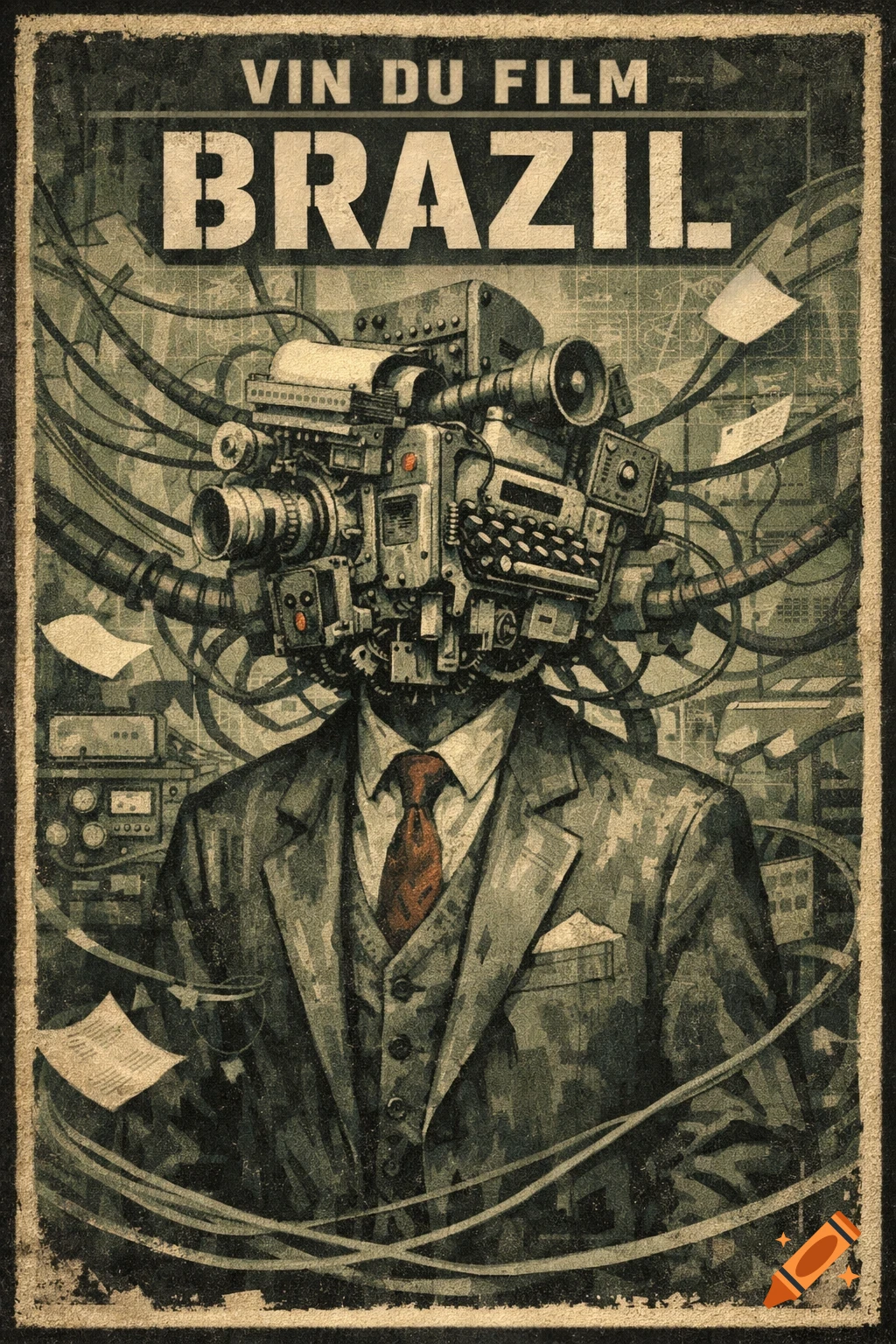 A vintage-style poster illustration features a man in a suit with a head made of various cameras, wires, and a typewriter. Text reads "VIN DU FILM BRAZIL".