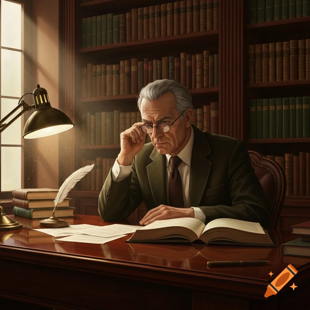 A grey-haired man in a suit and glasses sits at a wooden desk, looking at an open book in a dimly lit library.