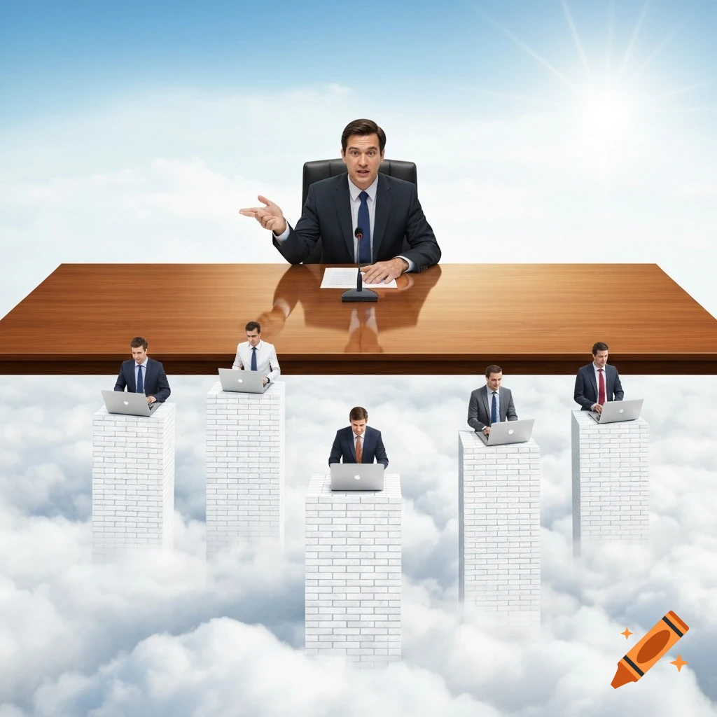 A speaker at a desk above the clouds addresses five journalists on individual brick towers with laptops, against a bright, sunny sky.