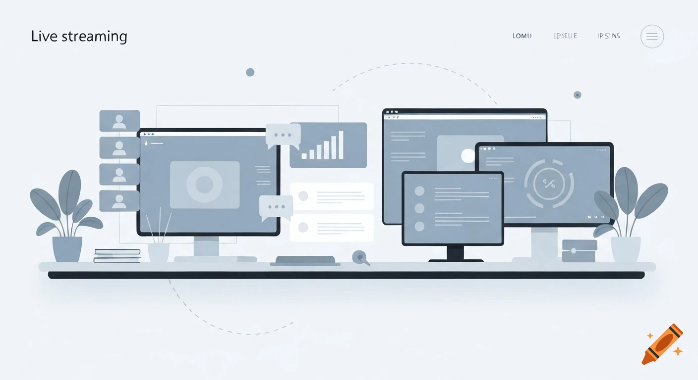 A modern, neutral illustration of a professional workspace with multiple computers showing abstract UI for live streaming and data flow in soft blue and gray.