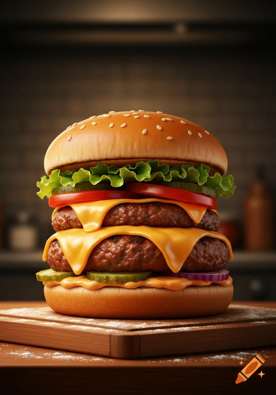 A photorealistic double cheeseburger with lettuce, tomato, pickles, and red onion on a sesame seed bun on a wooden cutting board.