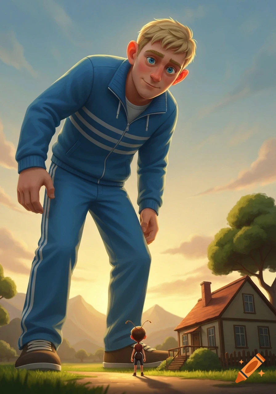 A giant man in a blue tracksuit looks down at a tiny boy with antennae near a small house, in a bright, cartoonish outdoor scene.