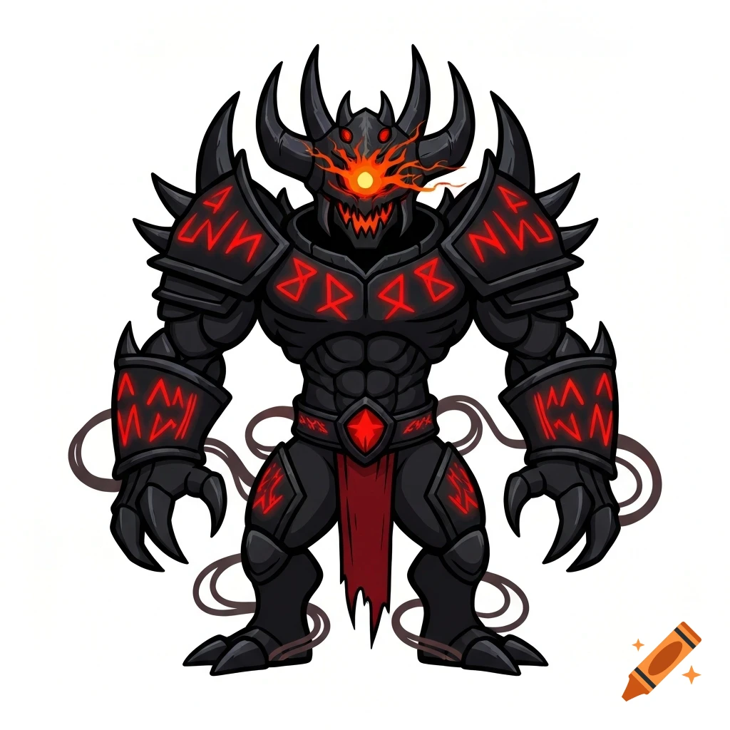 A stylized black demonic creature in armor with glowing red eyes, sharp teeth, horns, and red glowing runes, on a white background.