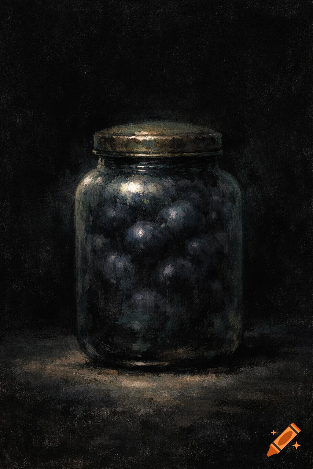 Oil painting of a dark glass jar filled with shadowy fruits, topped with a metallic lid, against a black background.
