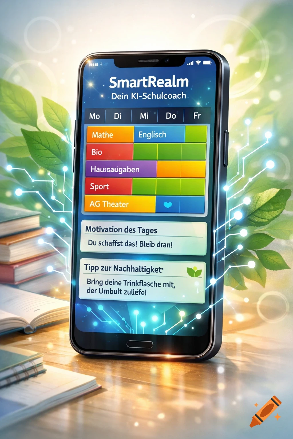 A smartphone displays a 'SmartRealm' school planner app with a colorful schedule, motivational quotes, and a sustainability tip. Books, glowing circuit lines, and green leaves surround the phone on a wooden desk.