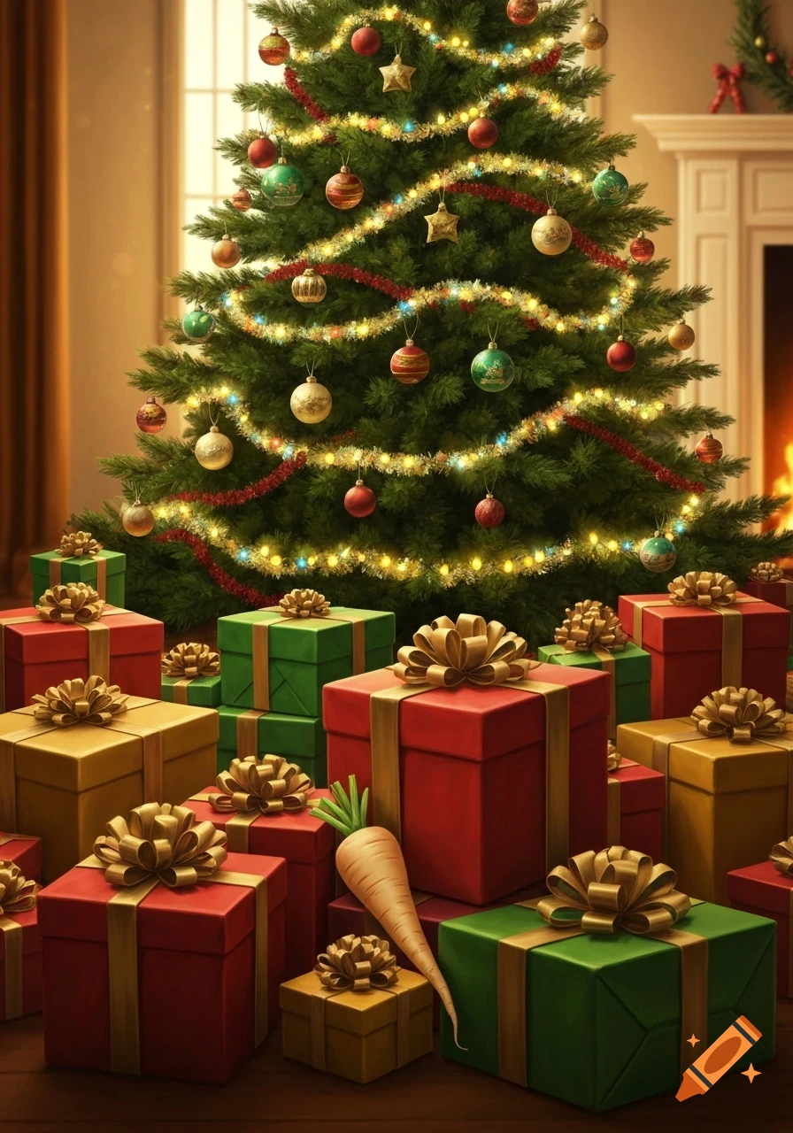 A brightly lit Christmas tree surrounded by many wrapped red, green, and gold presents. A parsnip lies among the gifts.