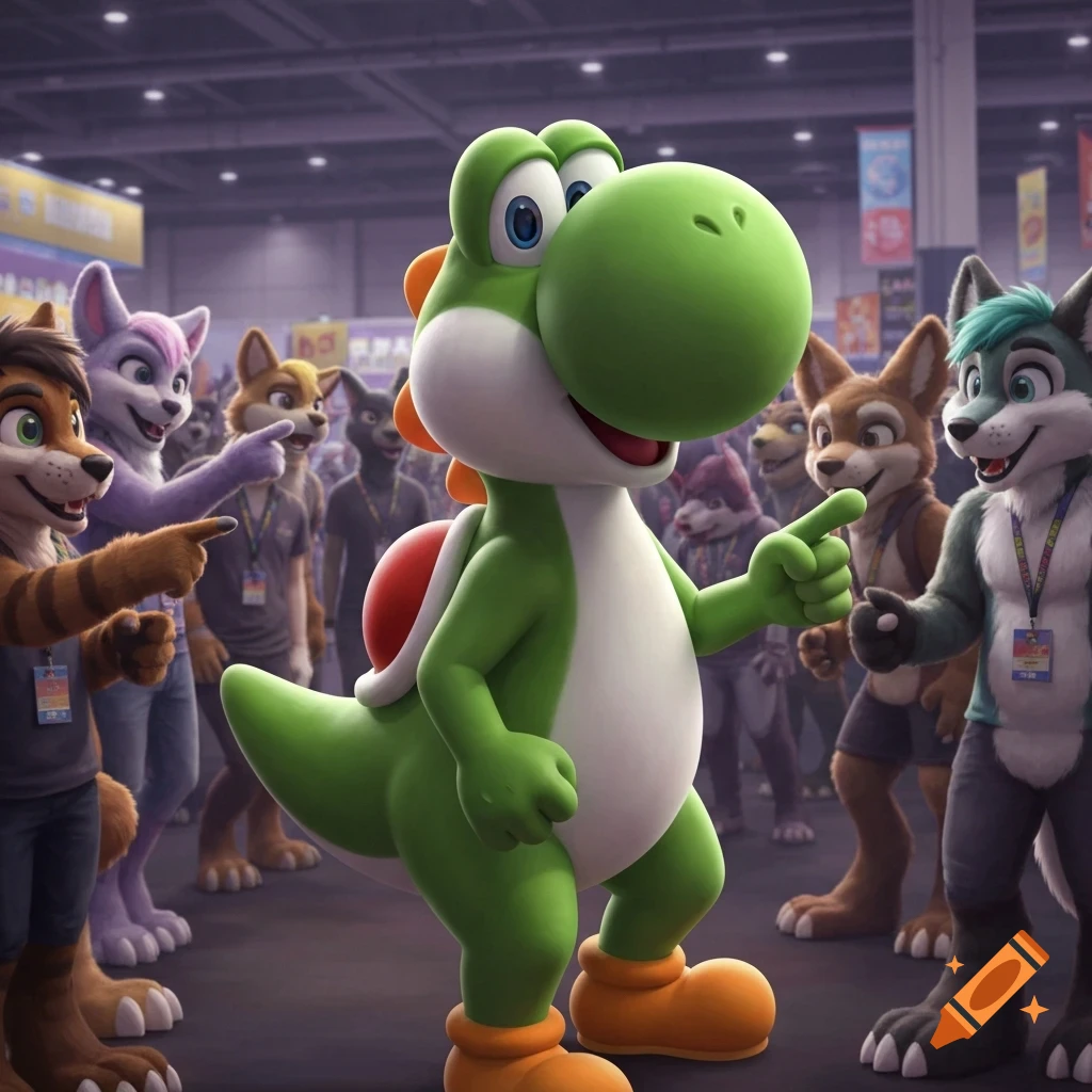 A realistic 3D rendered Yoshi stands pointing, surrounded by people in furry animal costumes at a convention.