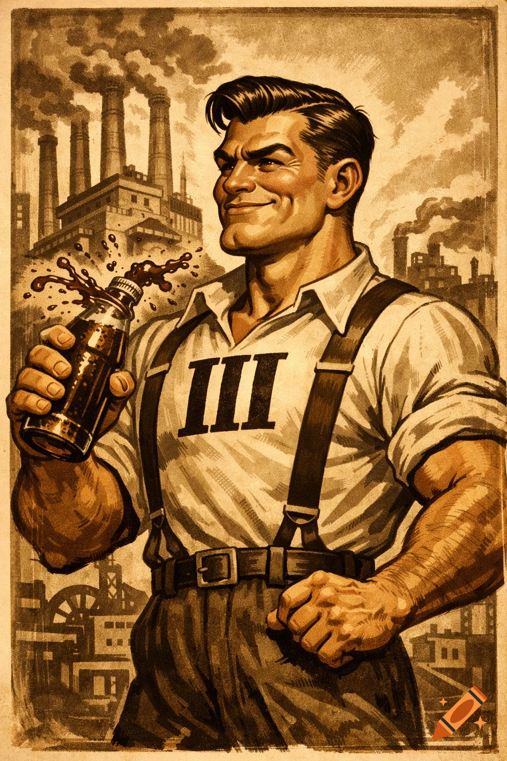 Vintage illustration of a smiling, muscular worker in suspenders with Roman numerals 'III' on his chest, holding a splashing bottle of mate in front of a factory.