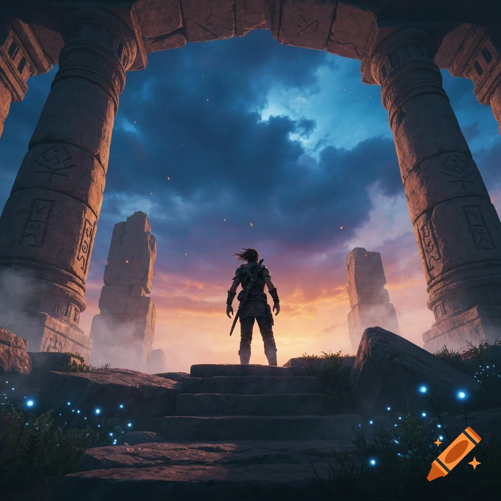 A lone figure stands on stone steps beneath a ruined archway, facing a dramatic sunset sky over ancient pillars. Fantasy art.