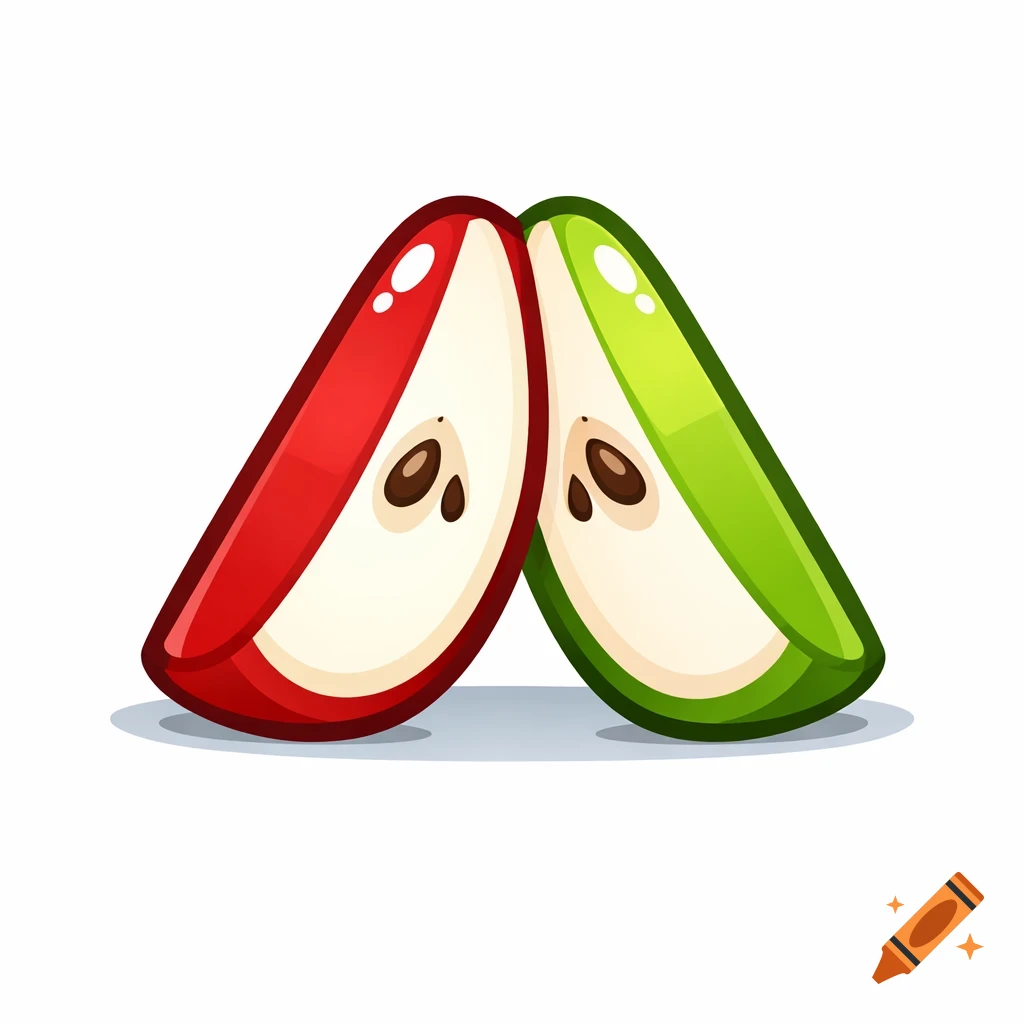 Cartoon logo of a red apple slice and a green apple slice leaning together.