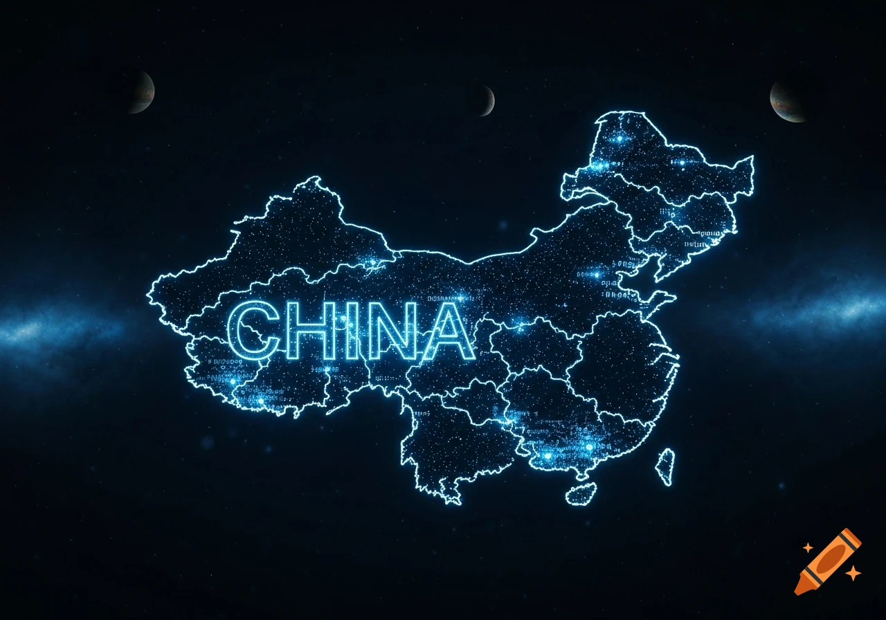 A glowing blue outline map of China with the word CHINA in the center, set against a dark starry background with three crescent moons.