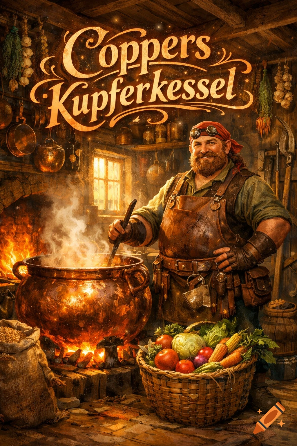 A cheerful bearded chef stirs a glowing copper pot over a fire in a rustic kitchen, with fresh vegetables in a basket. Detailed fantasy art.