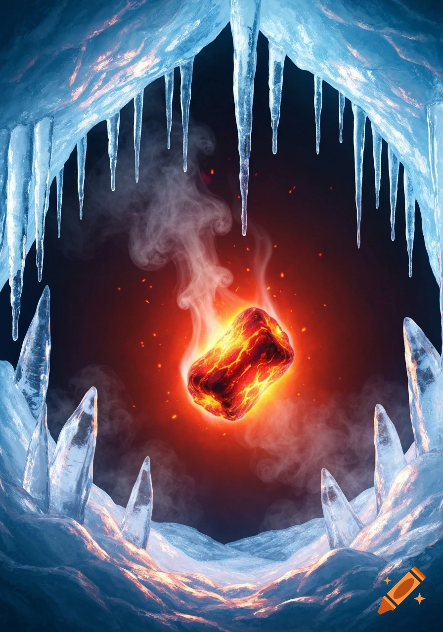 A glowing, fiery rock floats amidst swirling steam in the center of a dark, icy cave filled with blue ice formations and sharp icicles.