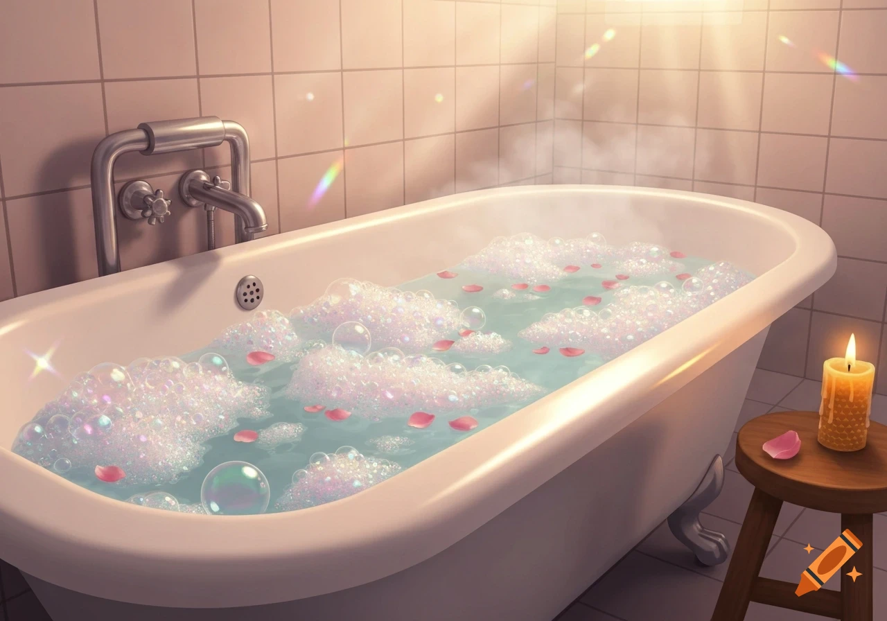 A serene bathtub filled with bubbles and pink rose petals, with steam rising and a lit candle on a wooden stool next to it. Stylized illustration.