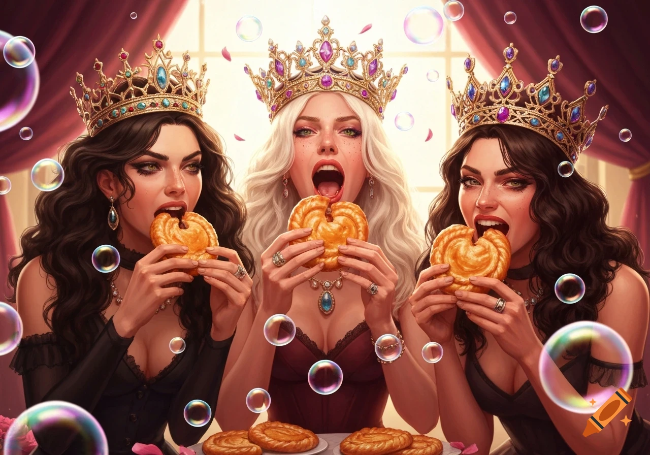 Three women wearing elaborate crowns feast on golden pastries, with bubbles floating around them in a regal setting.