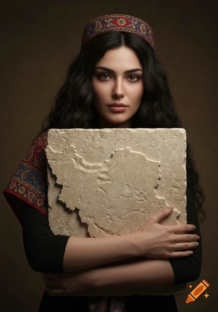 Young Persian woman in traditional attire, holding a stone tablet shaped like a map of Iran to her chest, looking serious. Photorealistic.