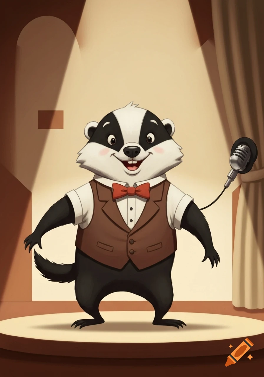 A smiling cartoon badger in a brown vest and red bow tie stands on a spotlighted stage with a vintage microphone, in a 1930s rubber hose animation style.