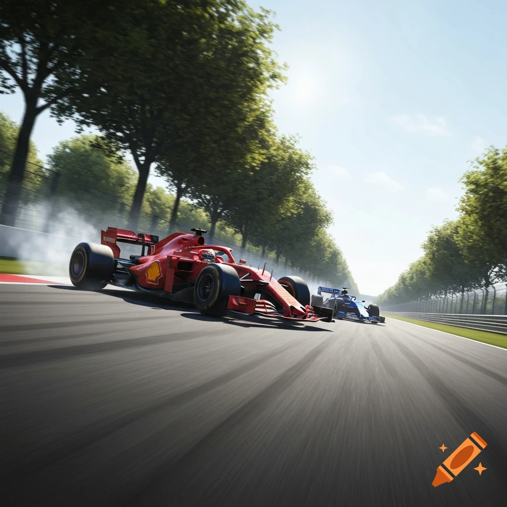 A red Formula 1 car races ahead of a blue car on a sunny track lined with trees, in a photorealistic style.