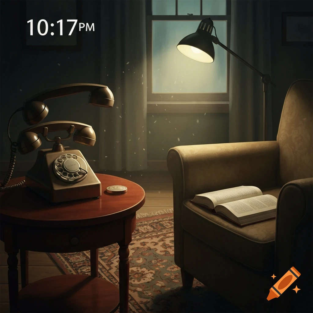 Dimly lit room with a vintage rotary phone on a table, an open book on an armchair, and a glowing lamp by a window, 10:17 PM.
