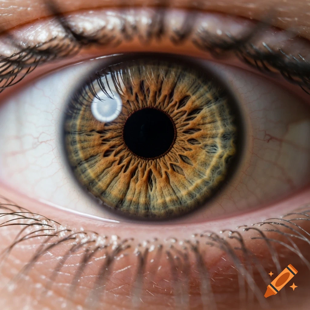Close-up macro photo of a detailed hazel eye with prominent iris texture, pupil, and eyelashes.