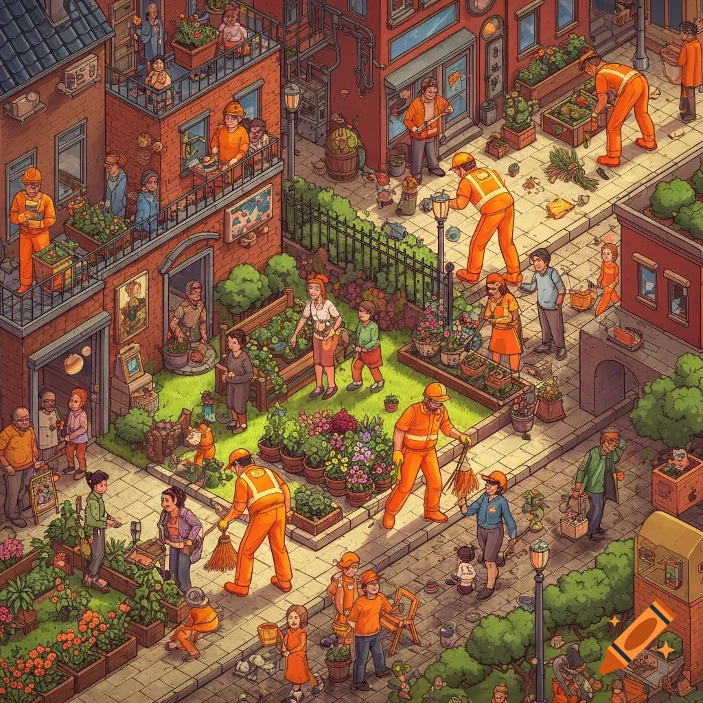 A busy isometric cartoon of an urban community garden, with people in orange uniforms gardening, sweeping, and interacting among buildings and plants.