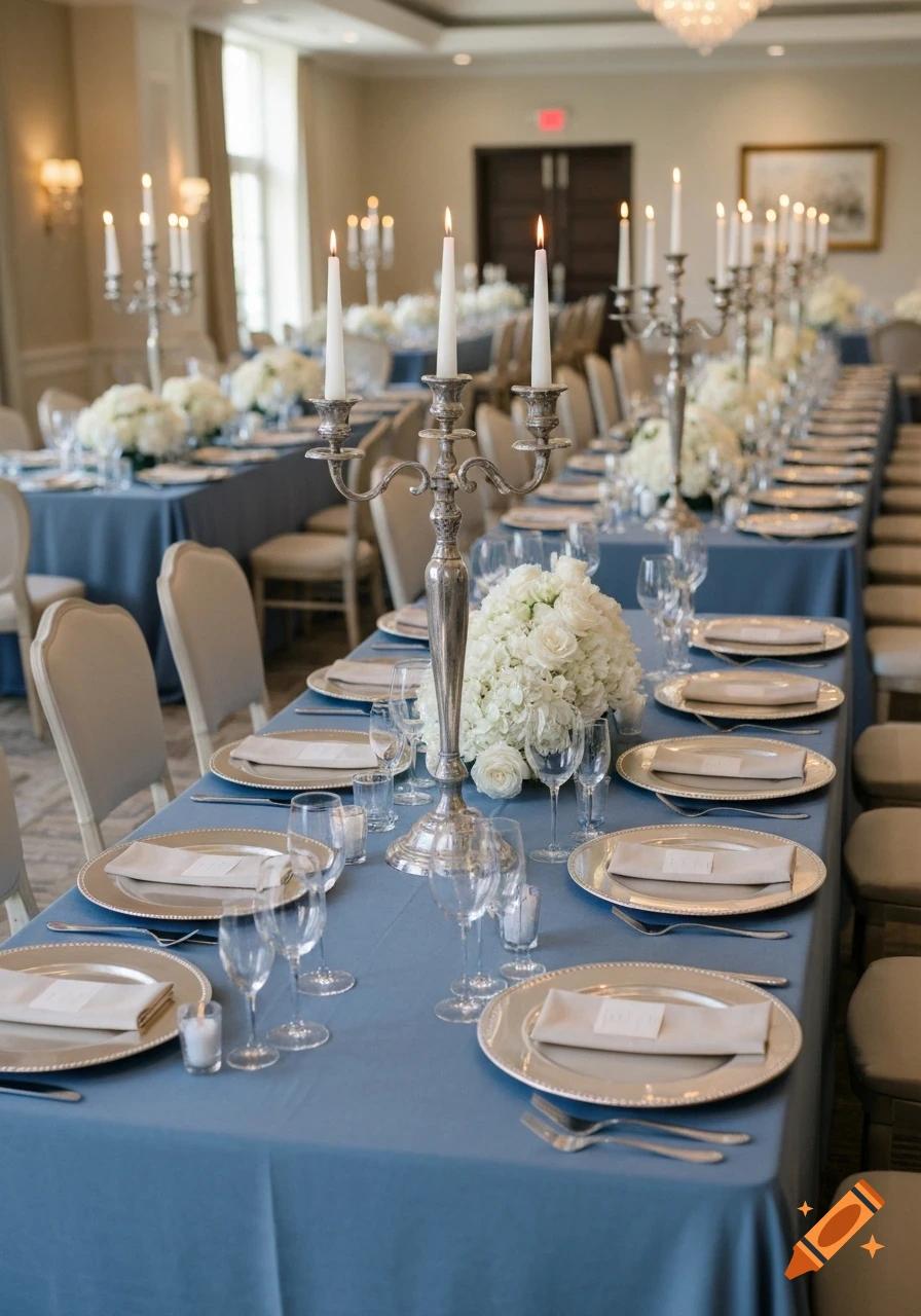 Elegant long banquet tables with dusty blue tablecloths, silver charger plates, white napkins, ornate candelabras with candles, and white floral arrangements in an upscale event space.