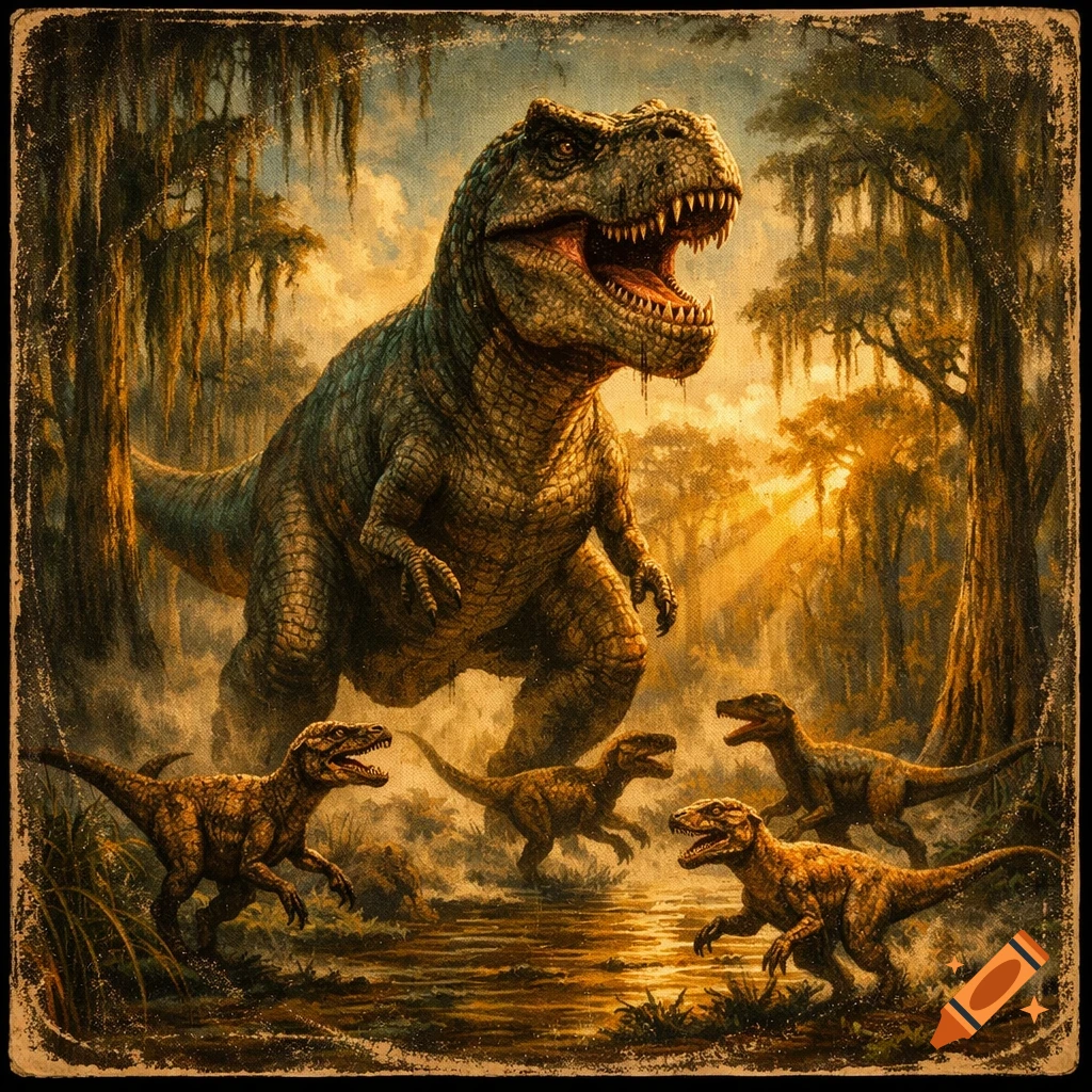 A powerful T-Rex roars in a sunlit jungle swamp, surrounded by several smaller raptors, in a detailed painterly style.