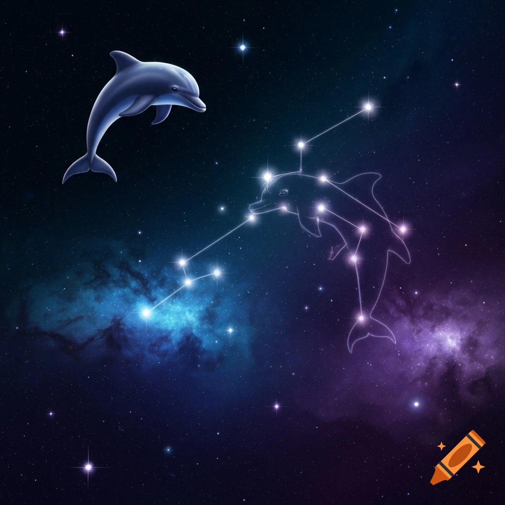 A realistic dolphin swims in a dark starry sky with blue and purple nebulae, next to a glowing dolphin-shaped constellation.