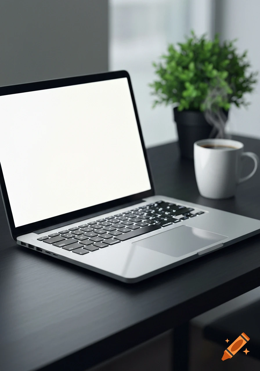 A silver laptop with a blank screen sits on a dark desk next to a steaming white coffee mug and a potted plant.