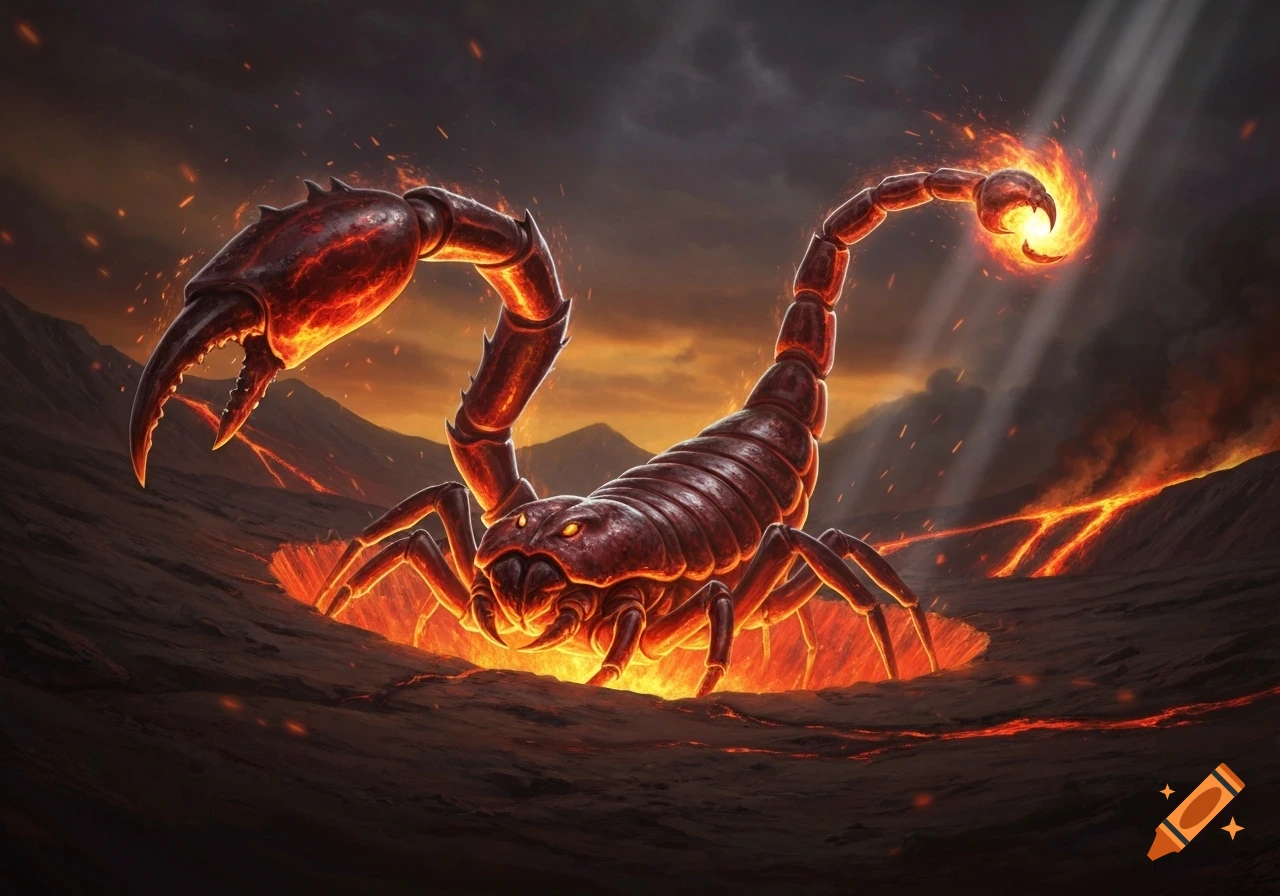 A massive, fiery scorpion with glowing red eyes emerges from a hole in a volcanic landscape, surrounded by lava flows.