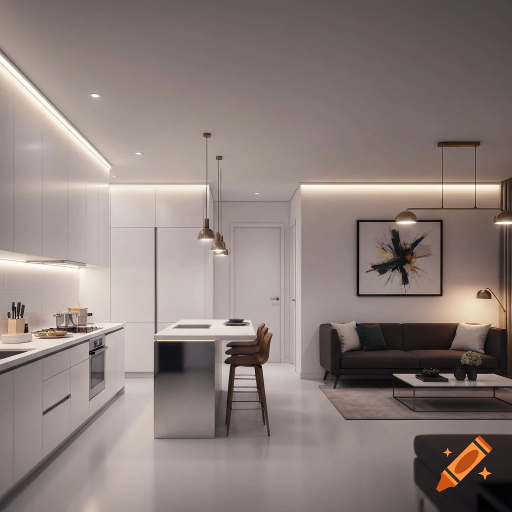 A photorealistic image of a modern, open-plan kitchen and living room with white walls, minimalist design, and warm lighting.