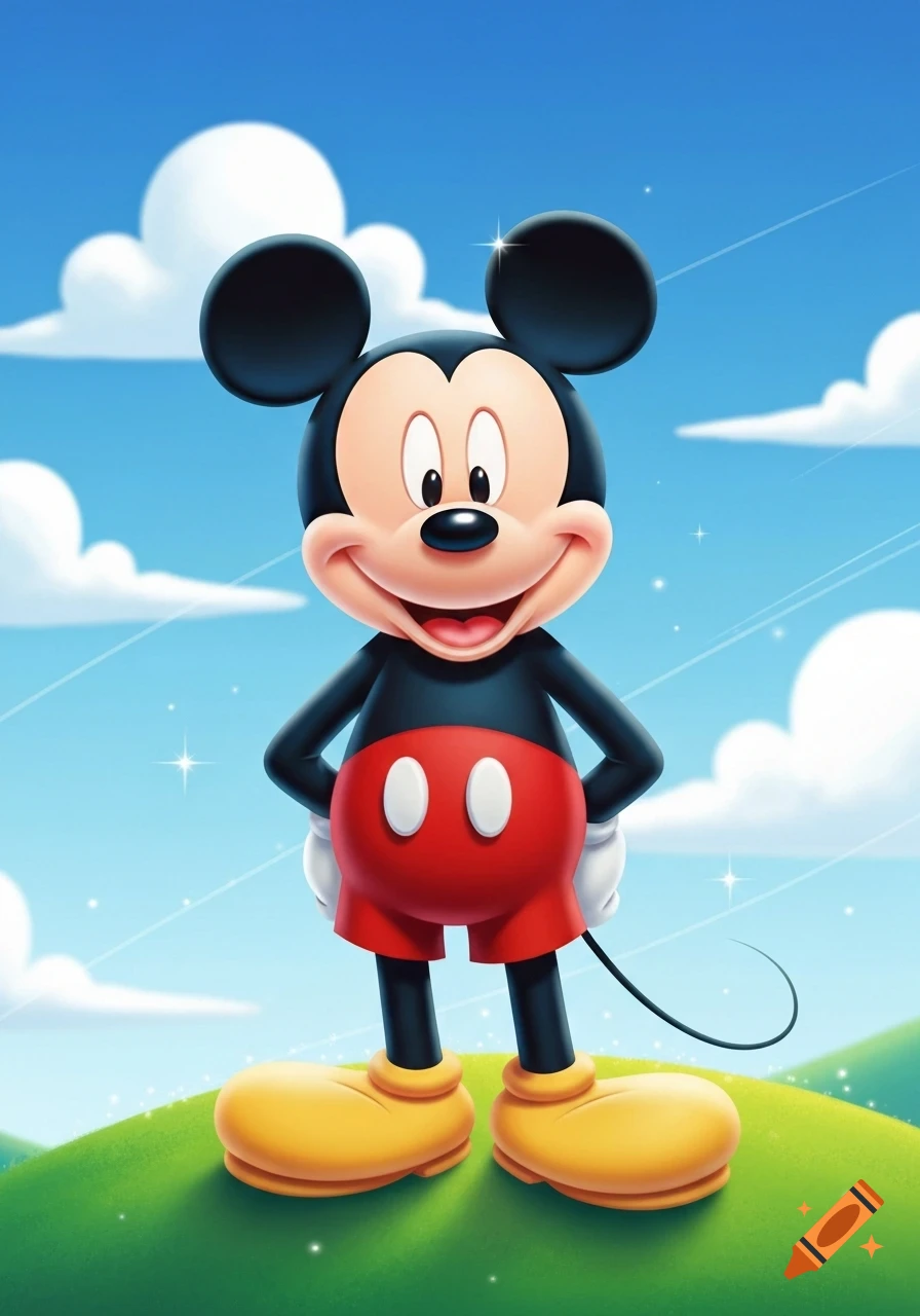 Cartoon illustration of Mickey Mouse smiling, standing on a green hill under a blue sky with white clouds.