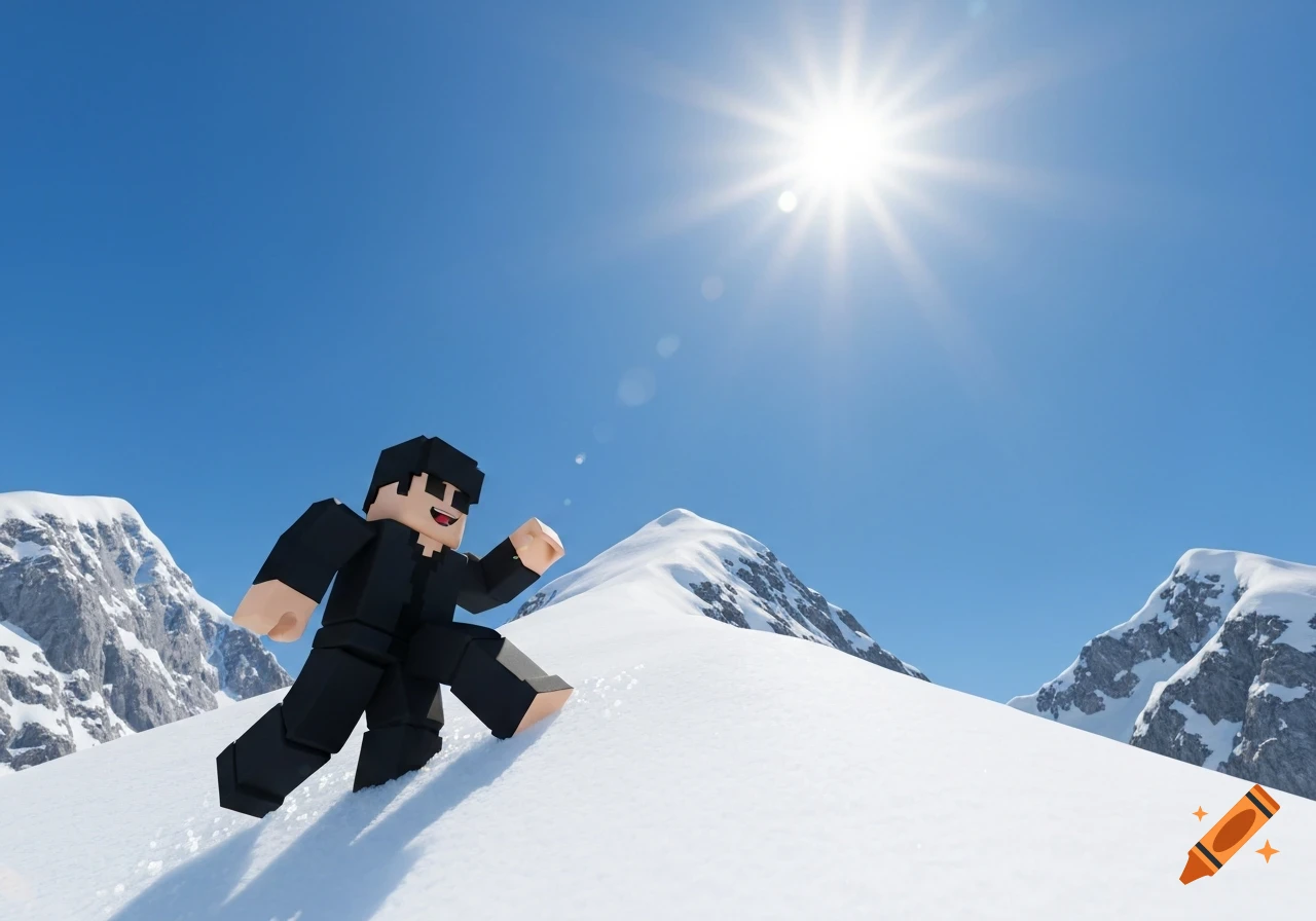 A 3D rendered Roblox character in a black outfit climbs a snowy mountain under a bright sunny sky.