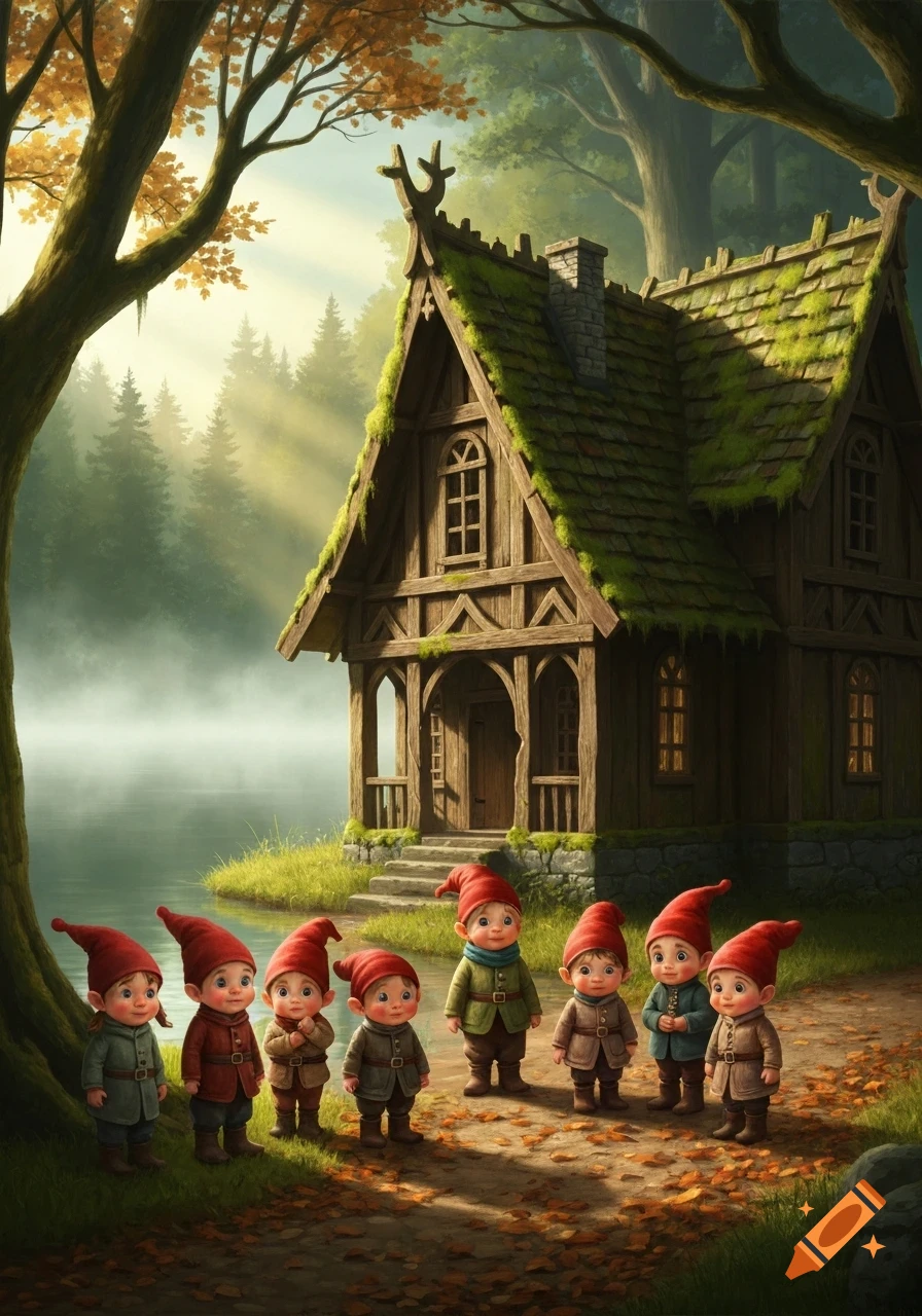 Seven young gnomes in red hats stand on a leaf-strewn path in front of a mossy wooden house by a misty lake in a forest.