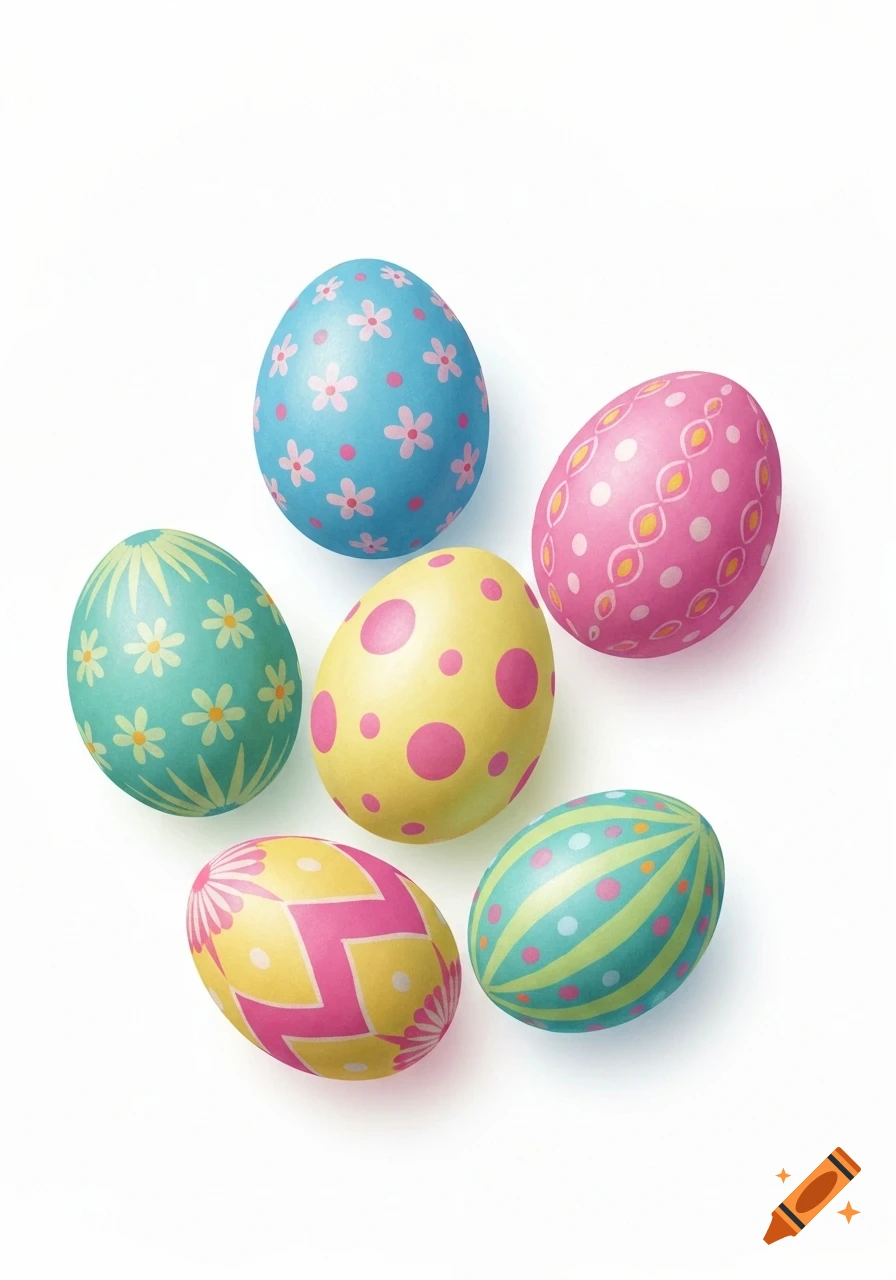 Six colorfully decorated Easter eggs with various patterns like flowers, polka dots, and stripes, arranged on a white background.