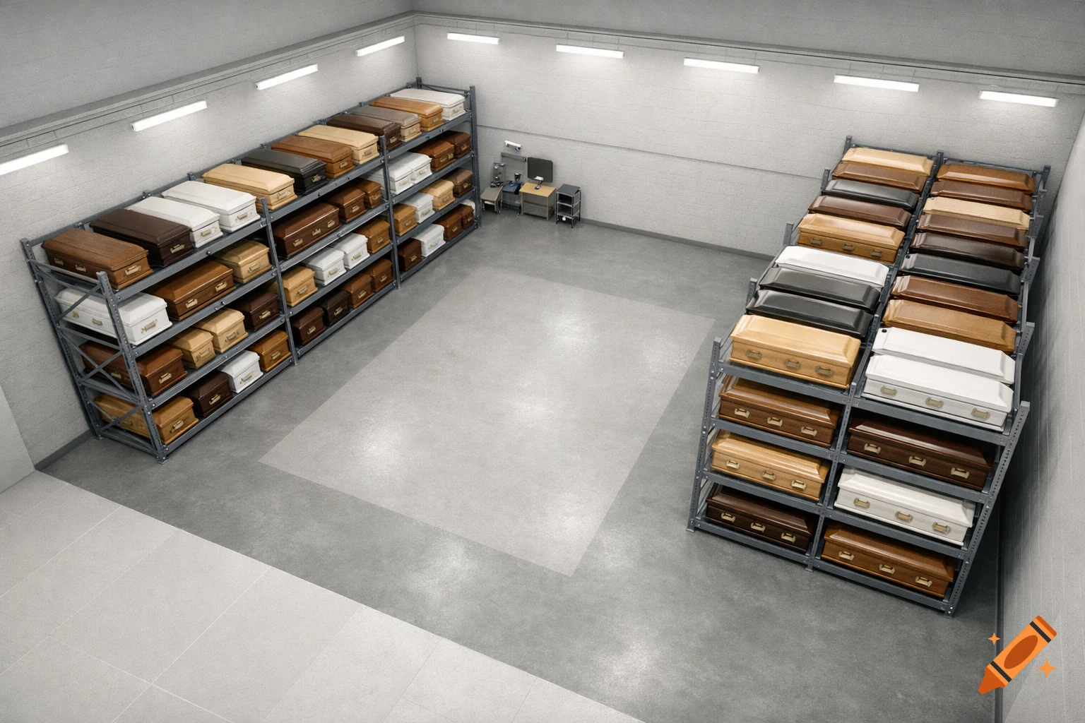 An overhead view of a large room with two long racks filled with coffins of various colors, resembling a funeral home storage facility.
